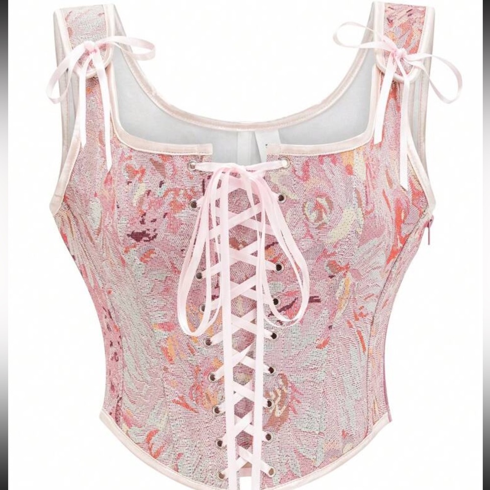 Floral Pink Lace-Up Corset Top